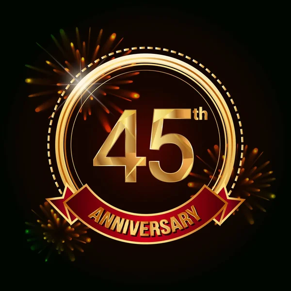 45E Gouden Jubileum Vieren Logo Met Rood Lint Vuurwerk Vectorillustratie — Stockvector