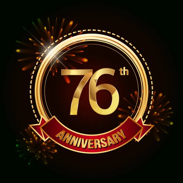 76E Gouden Jubileum Vieren Logo Met Rood Lint Vuurwerk Vectorillustratie — Stockvector