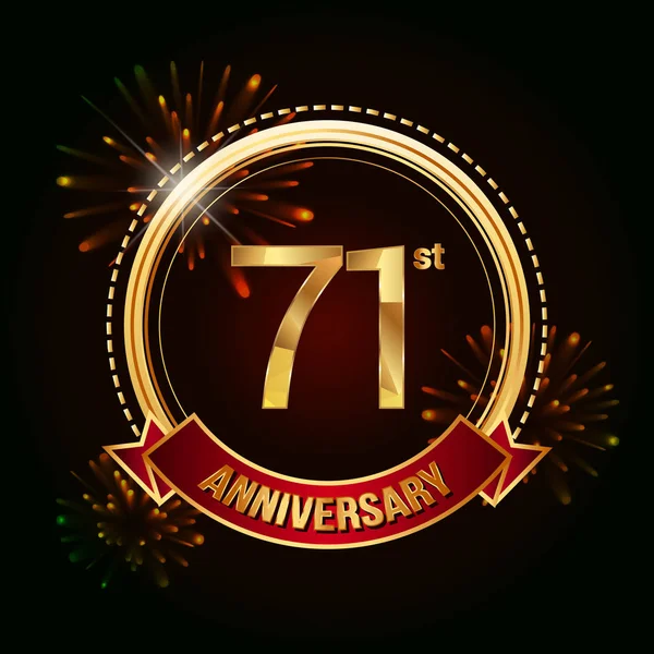 71º Aniversario Oro Que Celebra Logotipo Con Cinta Roja Fuegos — Vector de stock