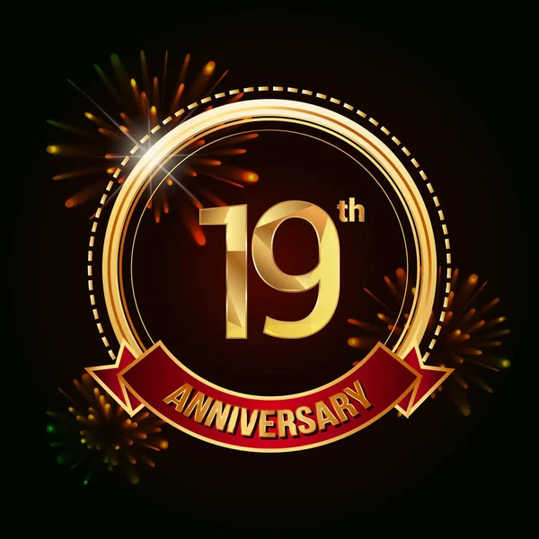 19E Anniversaire Célébration Logo Avec Ruban Rouge Feux Artifice Illustration — Image vectorielle