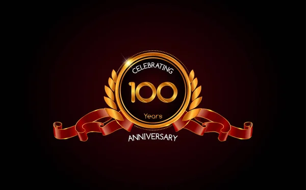 100 Anos Logotipo Celebração Aniversário Ouro Com Fita Vermelha Ilustração — Vetor de Stock