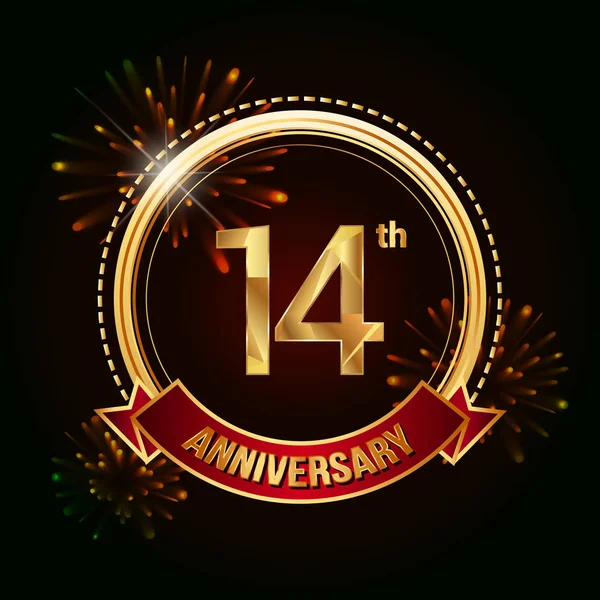14E Gouden Jubileum Vieren Logo Met Rood Lint Vuurwerk Vectorillustratie — Stockvector