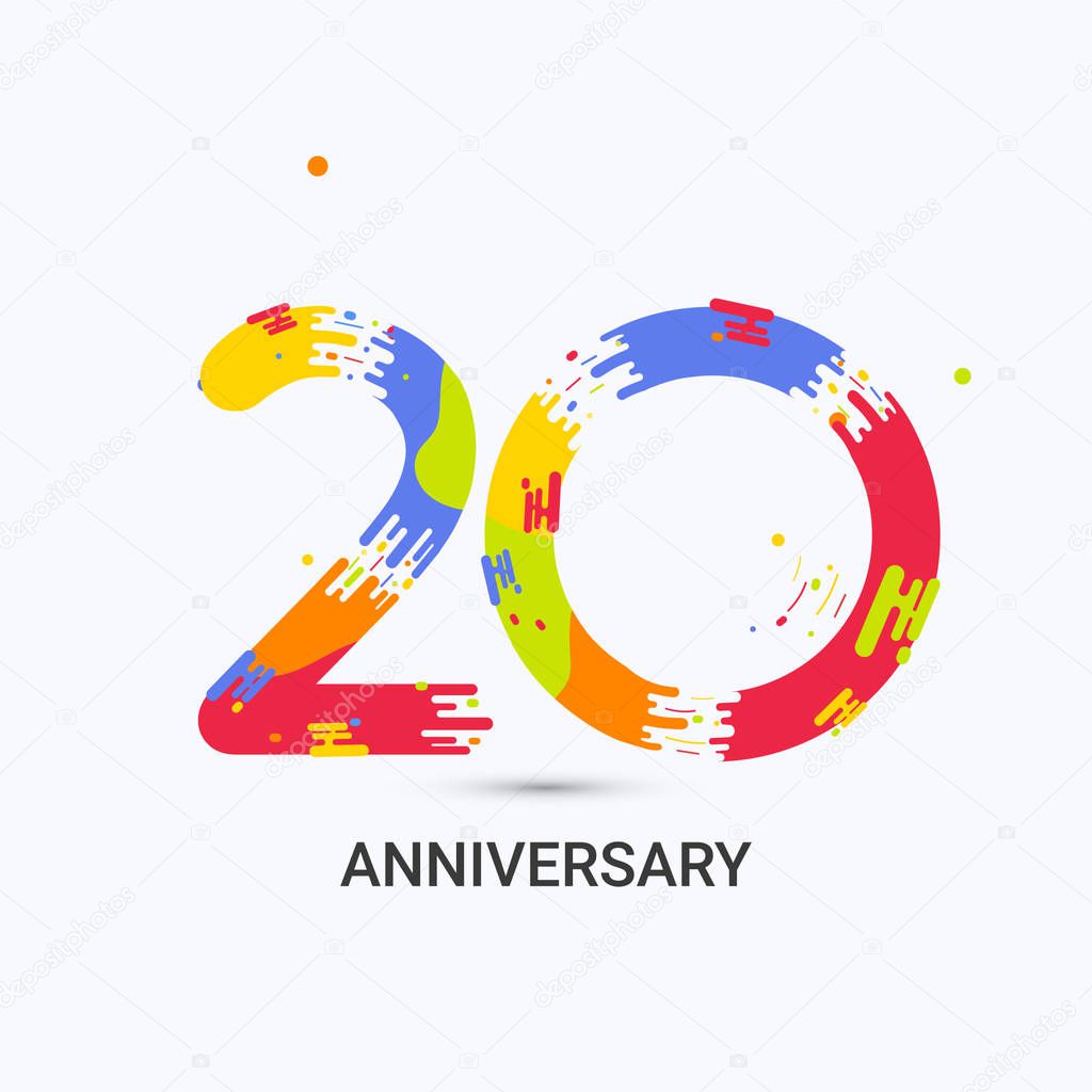 20 Years Anniversary, Splash Colored Logo Celebration Isolated on White Background