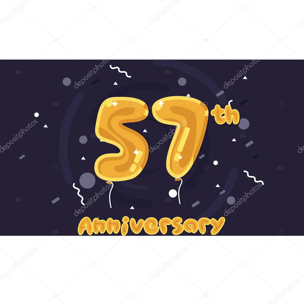 57 Years Anniversary Celebration Logo, Yellow foil balloon colored, Vector Illustration on Dark Purple Background