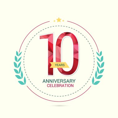 10 yıl yıldönümü düşük Poli Dizayn ve Laurel süs eşyaları, beyaz arka plan üzerinde vektör çizim ile