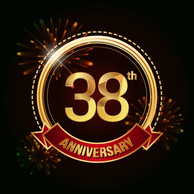 38 altın yıldönümü logo vektör çizim koyu arka plan üzerinde kırmızı kurdele ve havai fişek ile kutluyor 