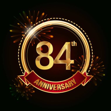 84 altın yıldönümü logo vektör çizim koyu arka plan üzerinde kırmızı kurdele ve havai fişek ile kutluyor 
