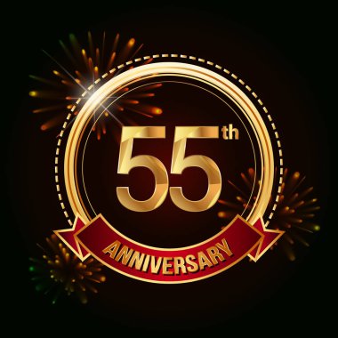 55th gold anniversary celebrating logo with red ribbon and fireworks, vector illustration on dark background  clipart