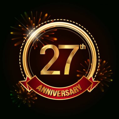 27 altın yıldönümü logo vektör çizim koyu arka plan üzerinde kırmızı kurdele ve havai fişek ile kutluyor 
