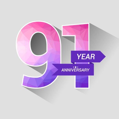 91 yıl yıldönümü Logo düşük Poli dizayn, gri arka plan üzerinde renkli vektör çizim ile 