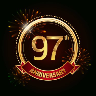 97 altın yıldönümü logo vektör çizim koyu arka plan üzerinde kırmızı kurdele ve havai fişek ile kutluyor 