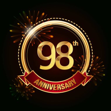 98 altın yıldönümü logo vektör çizim koyu arka plan üzerinde kırmızı kurdele ve havai fişek ile kutluyor 
