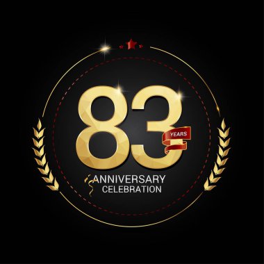 83 yıl altın yıldönümü logo resimde siyah zemin üzerine kırmızı kurdele ile düşük Poli dizayn numarası, vektör