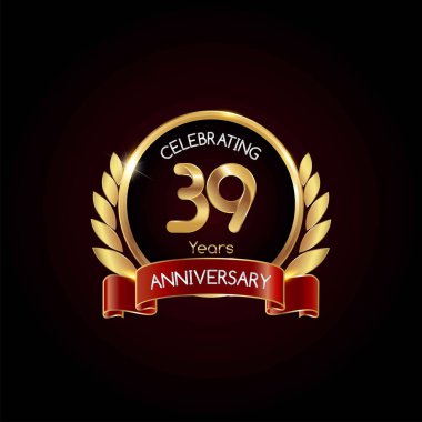 39 yaş altın yıldönümü kutlama kırmızı kurdele, koyu arka plan üzerinde vektör çizim logolu