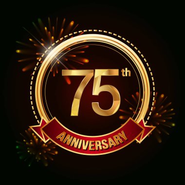 75th gold anniversary celebrating logo with red ribbon and fireworks, vector illustration on dark background  clipart