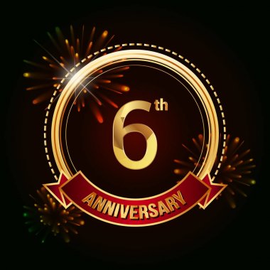 6 Altın yıldönümü logo vektör çizim koyu arka plan üzerinde kırmızı kurdele ve havai fişek ile kutluyor 