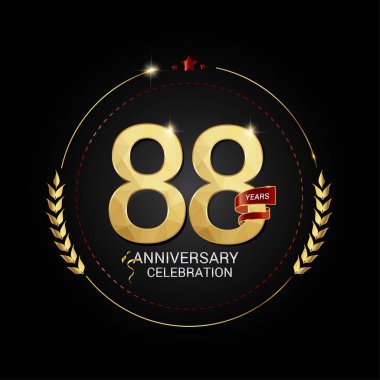 88 yıl altın yıldönümü logo resimde siyah zemin üzerine kırmızı kurdele ile düşük Poli dizayn numarası, vektör