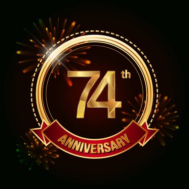 74 altın yıldönümü logo vektör çizim koyu arka plan üzerinde kırmızı kurdele ve havai fişek ile kutluyor 