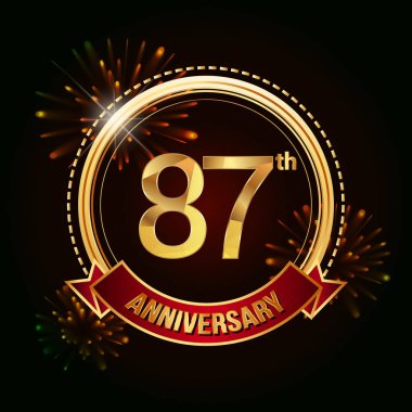 87 altın yıldönümü logo vektör çizim koyu arka plan üzerinde kırmızı kurdele ve havai fişek ile kutluyor 