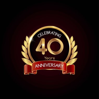 40 yıl altın yıldönümü kutlama kırmızı kurdele, koyu arka plan üzerinde vektör çizim logolu