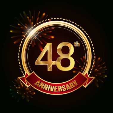 48 altın yıldönümü logo vektör çizim koyu arka plan üzerinde kırmızı kurdele ve havai fişek ile kutluyor 