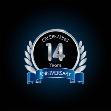 14 yıl yıldönümü kutlama logosu mavi kurdele, koyu arka plan üzerinde vektör çizim ile gümüş