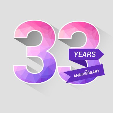 33 Years Anniversary Logo with Low Poly Design, Colorful Vector Illustration on Grey Background 