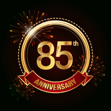 85 altın yıldönümü logo vektör çizim koyu arka plan üzerinde kırmızı kurdele ve havai fişek ile kutluyor 