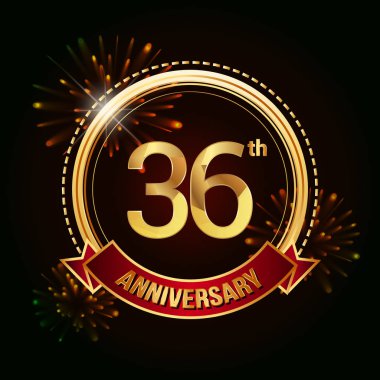 36 altın yıldönümü logo vektör çizim koyu arka plan üzerinde kırmızı kurdele ve havai fişek ile kutluyor 