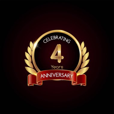 4 yıl altın yıldönümü kutlama kırmızı kurdele, koyu arka plan üzerinde vektör çizim logolu