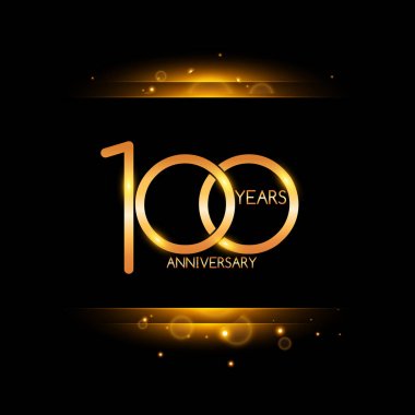 konfeti altın ile 100 yıl yıldönümü logo vektör tasarımı tebrik kartı ve davetiye için siyah arka plan üzerinde renkli