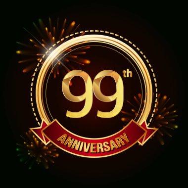 99 altın yıldönümü logo vektör çizim koyu arka plan üzerinde kırmızı kurdele ve havai fişek ile kutluyor 