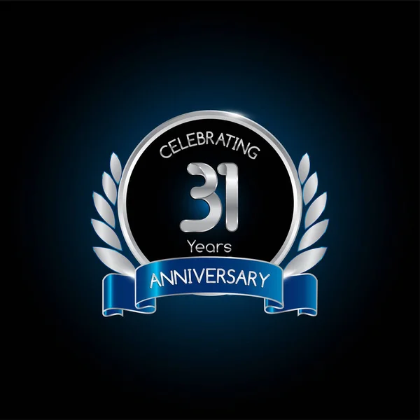 Ans Argent Anniversaire Célébration Logo Avec Ruban Bleu Illustration Vectorielle — Image vectorielle