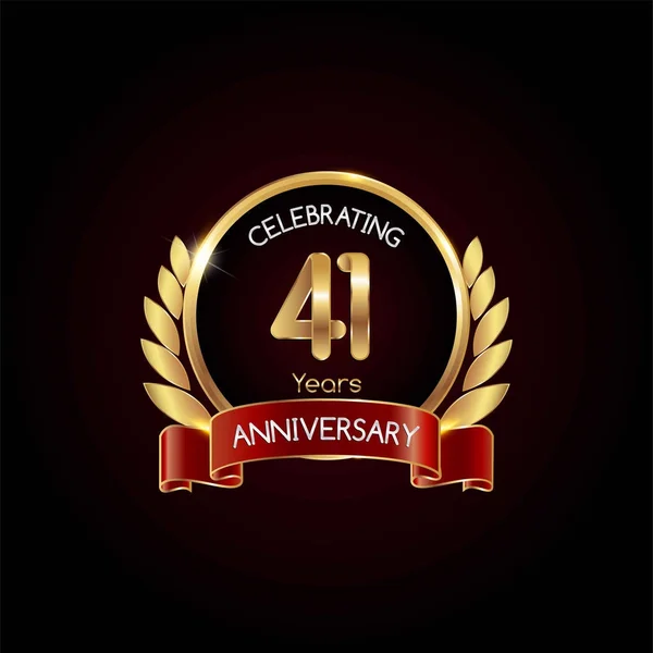 Jaar Gouden Jubileum Vieren Logo Met Rood Lint Vectorillustratie Donkere — Stockvector