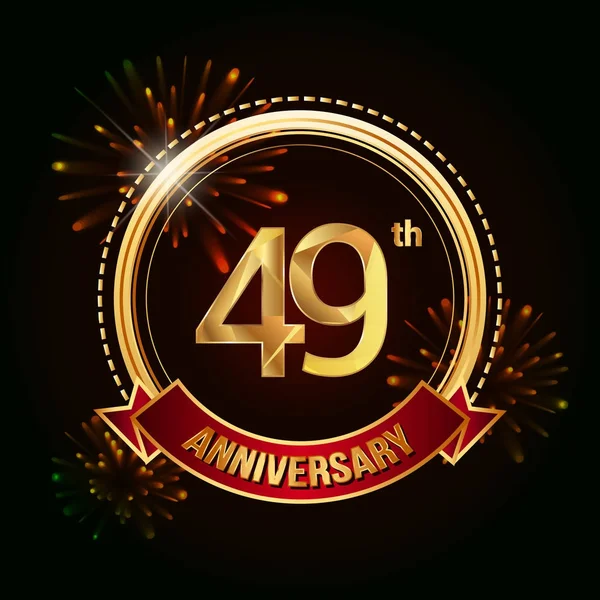 49Th Złota Rocznica Obchody Logo Czerwoną Wstążką Fajerwerki Ilustracji Wektorowych — Wektor stockowy