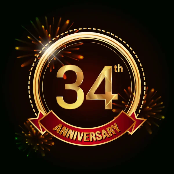 34 altın yıldönümü logo vektör çizim koyu arka plan üzerinde kırmızı kurdele ve havai fişek ile kutluyor 