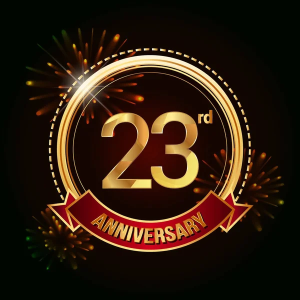 23E Anniversaire Célébrant Logo Avec Ruban Rouge Feux Artifice Illustration — Image vectorielle