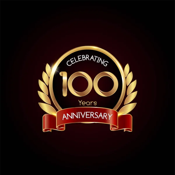 100 Anni Anniversario Oro Che Celebra Logo Con Nastro Rosso — Vettoriale Stock