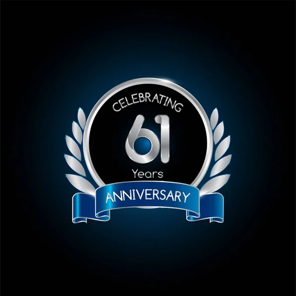Jaar Zilveren Jubileum Viering Logo Met Blauw Lint Vectorillustratie Donkere — Stockvector