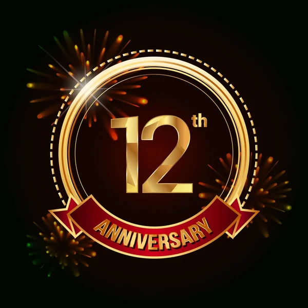 12E Gouden Verjaardag Vieren Logo Met Rood Lint Vuurwerk Vectorillustratie — Stockvector