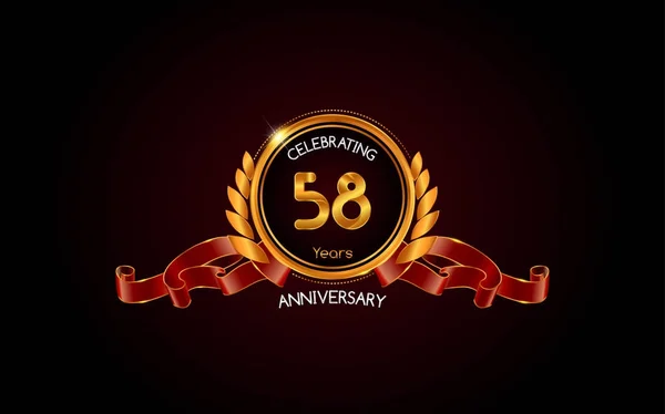 Años Oro Aniversario Celebración Logo Con Cinta Roja Vector Ilustración — Archivo Imágenes Vectoriales