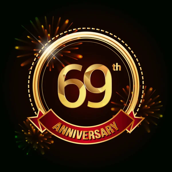69º Aniversario Oro Celebrando Logotipo Con Cinta Roja Fuegos Artificiales — Vector de stock