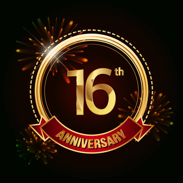 16th gold anniversary celebrating logo with red ribbon and fireworks, vector illustration on dark background 