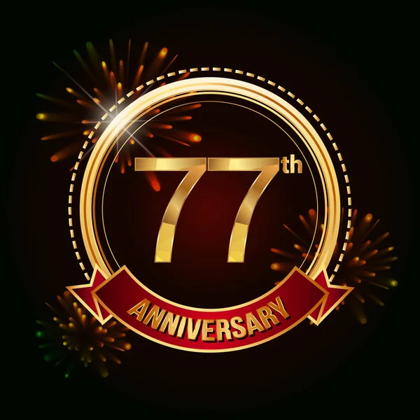 77E Gouden Jubileum Vieren Logo Met Rood Lint Vuurwerk Vectorillustratie — Stockvector