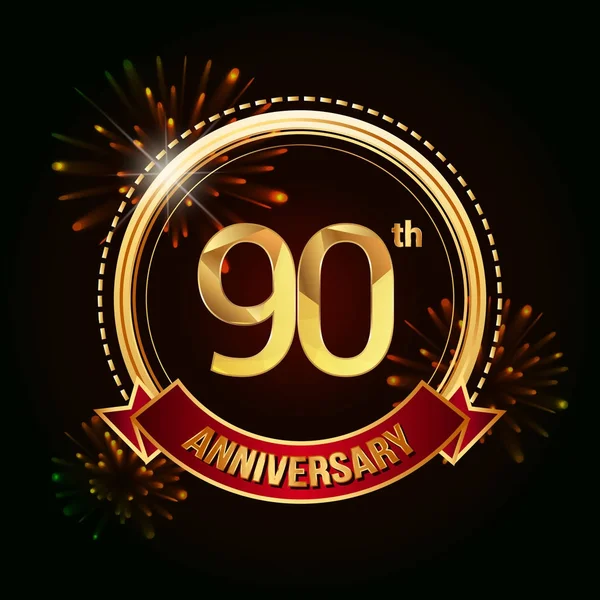 90'ıncı altın yıldönümü logo vektör çizim koyu arka plan üzerinde kırmızı kurdele ve havai fişek ile kutluyor 