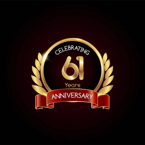 Χρόνια Χρυσό Επέτειος Γιορτάζοντας Λογότυπο Κόκκινη Κορδέλα Εικονογράφηση Διάνυσμα Σκούρο — Διανυσματικό Αρχείο