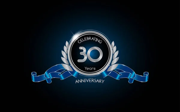 Anos Festa Aniversário Prata Logotipo Com Fita Azul Ilustração Vetorial —  Vetores de Stock