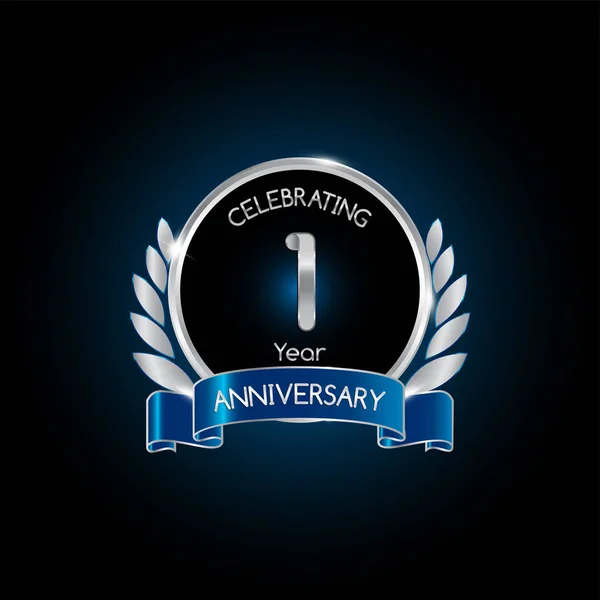 Jaar Zilveren Jubileum Viering Logo Met Blauw Lint Vectorillustratie Donkere — Stockvector