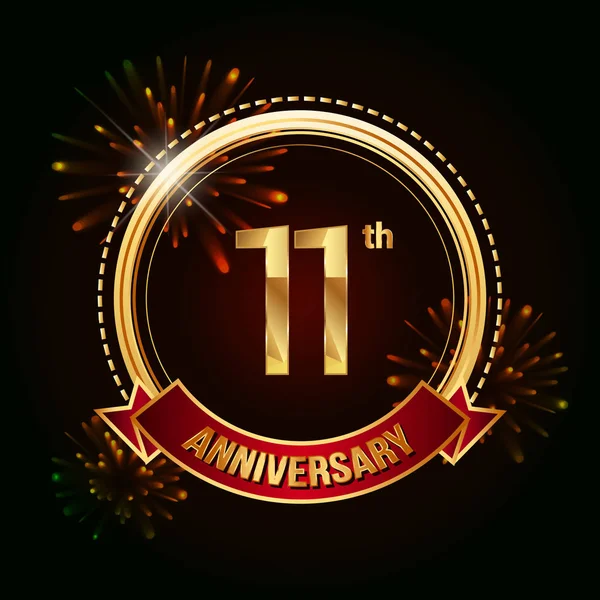 11E Anniversaire Célébrant Logo Avec Ruban Rouge Feux Artifice Illustration — Image vectorielle