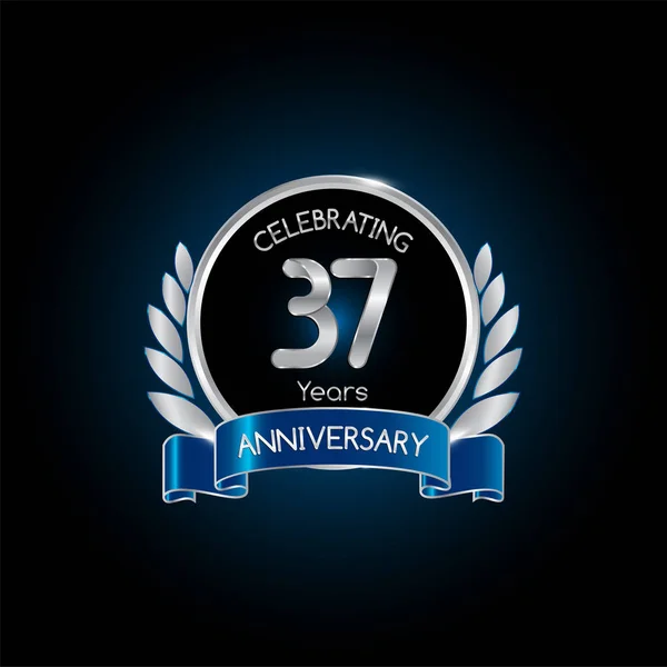 Ans Argent Logo Anniversaire Avec Ruban Bleu Illustration Vectorielle Sur — Image vectorielle